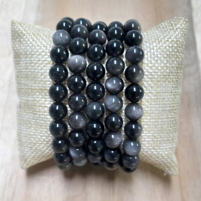 Zilver obsidiaan kralen armband 8 mm.